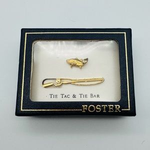Vintage Foster Tie Tac Tie Bar Set Gold Tone Orig Box Bass Fish & Fishing Rod